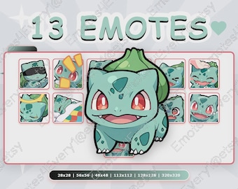 Bulbasaur Emotes Pack | 13 Chibi Emotes for Twitch, Discord, Youtube, Kick