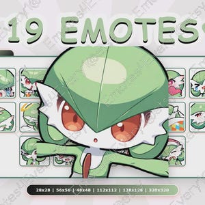 Puede incluir: Gráfico de arte digital con 19 emotes de un personaje verde y blanco. El texto "19 EMOTES" está encima de los emotes. La imagen incluye varios tamaños: 28x28, 56x56, 48x48, 112x112, 128x128 y 320x320. También hay un símbolo de corazón.