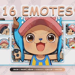 May include: A digital art graphic featuring 16 emotes of a cartoon character with large brown eyes, wearing a pink hat and blue fur. The text "16 EMOTES" is at the top. The image includes various sizes: 28x28, 56x56, 48x48, 112x112, 128x128, and 320x320.