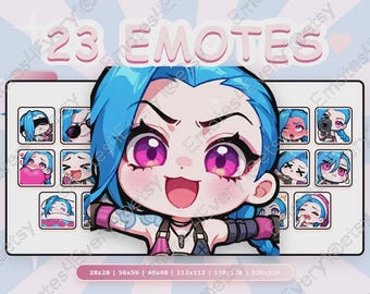 Jinx Emotes Pack | 23 Chibi Emotes for Twitch, Discord, Youtube, Kick | League of Legends, LoL, Arcane, Rebel, Zaun, Piltover, Crazy, Tatoo