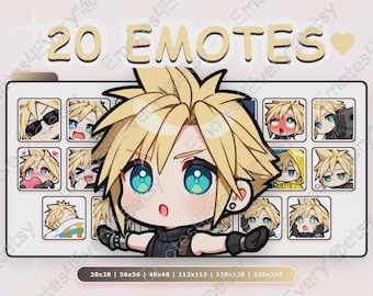 Cloud Strife Emotes Pack | 20 Chibi Emotes for Twitch, Discord, Youtube, Kick | Final Fantasy, Two-handed swordman, Super Smash Bros