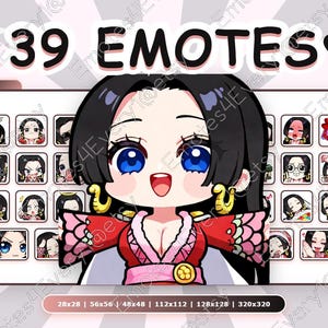 May include: Digital art featuring a cartoon character with black hair and blue eyes, wearing a red and pink outfit. The image includes the text "39 EMOTES" and a heart symbol. Below the character are several smaller images of the same character with different expressions.