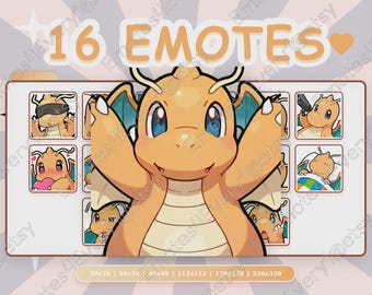 Dragonite Emotes Pack | 16 Chibi Emotes for Twitch, Discord, Youtube, Kick | Dragon Type, Orange, Cute, Dragonair, Dratini