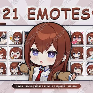 May include: A digital art graphic featuring a collection of 21 emotes with a brown-haired anime-style character. The emotes display various expressions. The text "21 EMOTES" is displayed at the top. The image includes size options: 28x28, 56x56, 48x48, 112x112, 128x128, and 320x320.