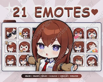 Makise Kurisu Emotes Pack | 21 Chibi Emotes for Twitch, Discord, Youtube, Kick | Steins;Gate, Egoistic Poriomania, Open the Missing Link