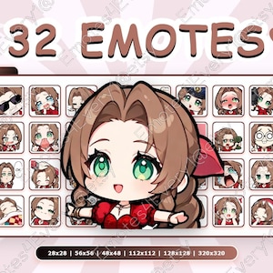 Aerith Gainsborough Emotes Pack | 32 Chibi Emotes for Twitch, Discord, Youtube, Kick | Final Fantasy, Red dress, FFVII Revelation