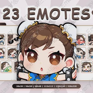Può includere: Grafica digitale con un personaggio dei cartoni animati e 23 emoticon con diverse espressioni. Il testo "23 EMOTES" è in alto. Il personaggio ha i capelli castani e grandi occhi. Opzioni di dimensioni in basso.
