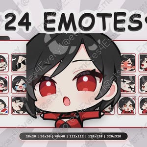 May include: Digital art graphic with 24 emotes of a red and black anime-style character. The emotes show different expressions, arranged in a grid. The text "24 EMOTES" is at the top, with size options at the bottom.
