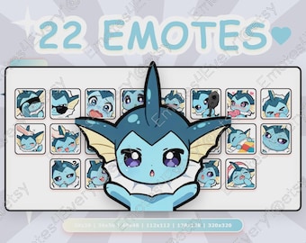 Vaporeon Emotes Pack | 22 Chibi Emotes for Twitch, Discord, Youtube, Kick | Water Type, Evee, Cute, Water Pokemon, Quadruped, Tail