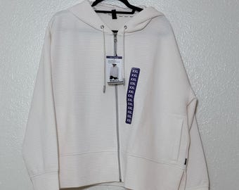Felpa con cappuccio a coste color crema con zip intera, vestibilità ampia e squadrata, taglia XXL, nuova con etichette.