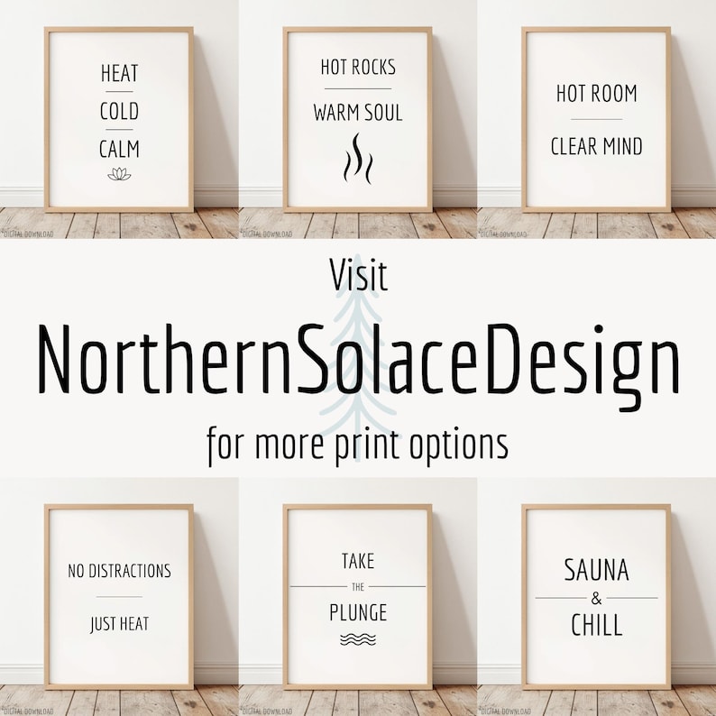 May include: A collection of framed art prints with minimalist designs. Each print features black text on a white background, with phrases like "Heat, Cold, Calm" and "Hot Rocks, Warm Soul." The prints are displayed on a wooden floor.