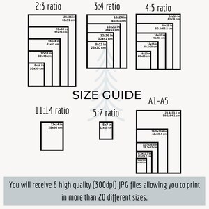 May include: A size guide for print sizes, including 2:3, 3:4, 4:5, 11:14, and 5:7 ratios, plus A1-A5 sizes. Each size is labeled with both inches and centimeters. The text states that you will receive 6 high-quality JPG files to print in over 20 sizes.