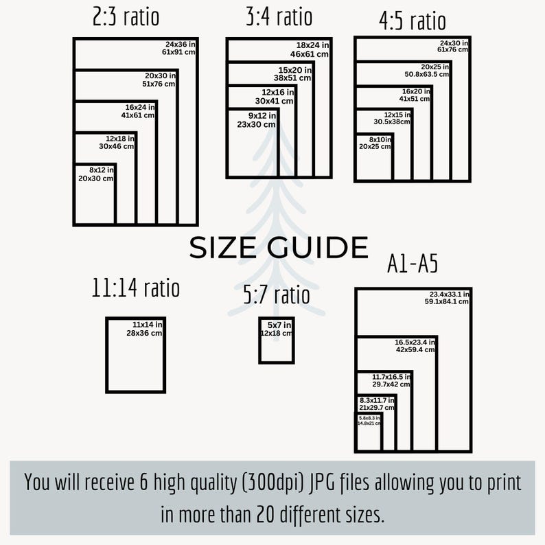 May include: A size guide for print sizes, including 2:3, 3:4, 4:5, 11:14, and 5:7 ratios, plus A1-A5 sizes. Each size is labeled with both inches and centimeters. The text states that you will receive 6 high-quality JPG files to print in over 20 sizes.