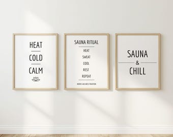 Conjunto de láminas decorativas para sauna, láminas decorativas para baño, arte para el bienestar, láminas minimalistas escandinavas, arte para rituales de sauna, descarga instantánea.