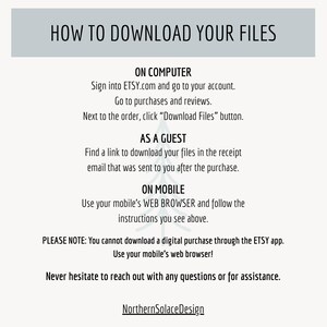 May include: A digital download guide with instructions on how to download files from Etsy. The text includes steps for computer, guest, and mobile users. The guide is on a cream-colored background with a gray header and footer. The shop name "Northern Solace Design" is at the bottom.