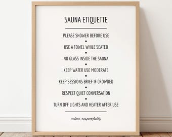Cartel imprimible de etiqueta para la sauna, lámina decorativa con las normas de la sauna, decoración nórdica para spa, cartel para sauna de Airbnb, descarga digital.