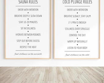Juego imprimible de reglas para sauna y baño de agua fría. Guía para baño de hielo y sauna. Arte mural. Paquete de decoración de bienestar nórdico. Láminas minimalistas para baño tipo spa. Descarga gratuita.