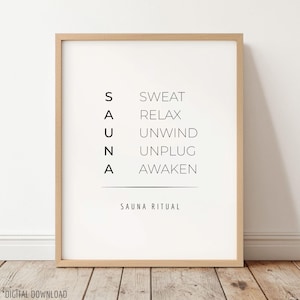 May include: A framed print with the word "SAUNA" vertically aligned on the left, and related words on the right: SWEAT, RELAX, UNWIND, UNPLUG, AWAKEN. Below, the text "SAUNA RITUAL" is displayed. The frame is a light brown color.