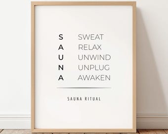 Lámina decorativa para sauna, lámina con temática de rituales de sauna, arte para la pared del baño o spa, arte para el bienestar, póster minimalista escandinavo, descarga instantánea.