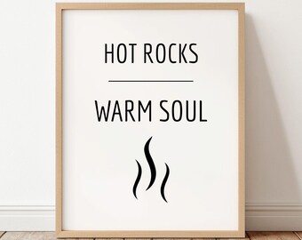 Decoración de pared para sauna, arte imprimible "Piedras calientes, alma cálida", lámina minimalista para baño, cita sobre la sauna, descarga instantánea.
