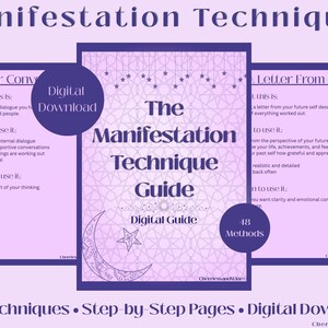 May include: A digital guide titled "The Manifestation Technique Guide" with a purple and white design. The guide includes 48+ techniques and step-by-step pages. The cover features a crescent moon and star design. The guide is a digital download.