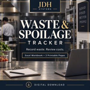Könnte beinhalten: Ein digitaler Download mit dem Titel JDH Systems Waste & Spoilage Tracker. Der Text lautet Record waste. Review costs. Excel Workbook + 3 Printable Pages. Ein Klemmbrett mit Papier und ein Stift liegen neben einem Laptop auf einer Edelstahlarbeitsfläche.