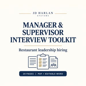 May include: A digital document titled JD HARLAN SYSTEMS MANAGER & SUPERVISOR INTERVIEW TOOLKIT Restaurant leadership hiring. The graphic features a clipboard with a checklist and two documents. It includes 28 PAGES | PDF + EDITABLE WORD.