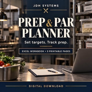 Puede incluir: Una descarga digital titulada JDH SYSTEMS PREP & PAR PLANNER con el texto Set targets. Track prep. y EXCEL WORKBOOK + 3 PRINTABLE PAGES. El gráfico presenta un fondo azul oscuro con texto dorado, un icono de cuchillo y tenedor y un portapapeles.