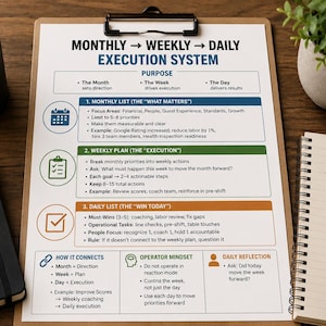 May include: A wooden desk displays a clipboard with a "Monthly to Daily Execution System" chart, a black mug with "Focus Execute Win", and a notebook with "Leadership is Daily Execution". A notepad with "Plan the week. Win the day." is also present.