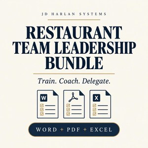 Puede incluir: Un paquete de documentos digitales titulado JD Harlan Systems Restaurant Team Leadership Bundle, con el texto Train. Coach. Delegate. e iconos para archivos Word, PDF y Excel, con una etiqueta inferior que dice WORD + PDF + EXCEL en azul oscuro.
