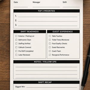 May include: A white Daily Restaurant Manager Planner with black text, including sections for date, manager, shift, top priorities, shift readiness, guest experience, notes, and shift recap. A pen and a cup of coffee are on the wooden surface.