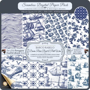 Pode incluir: Um pacote de papel digital com oito padrões sem costura em azul e branco. Os desenhos incluem ilustrações de veleiros, barris, uvas e motivos portugueses tradicionais. O texto diz "BARCO RABELO Douro River Boat & Port Wine".
