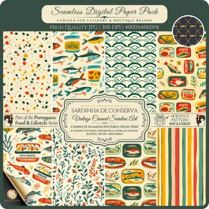 Pode incluir: Um pacote de papel digital com arte vintage de sardinhas enlatadas. A coleção inclui oito padrões sem costura com um tema de comida e estilo de vida português. Os designs apresentam sardinhas, latas e elementos decorativos.