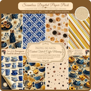 Pode incluir: Um pacote de papel digital com temas de comida e estilo de vida portugueses. O pacote inclui padrões com pastéis de nata, café e desenhos florais azuis. A imagem também mostra chávenas, pires e elementos decorativos.