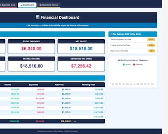 Feuille de calcul Excel pour le suivi des revenus et des impôts des indépendants | Organisateur fiscaliste indépendant | Estimation trimestrielle des taxes | Modèle de budget de petite entreprise