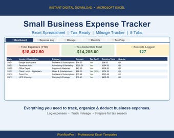 Feuille de calcul Excel pour le suivi des dépenses des petites entreprises | Suivi des déductions fiscales | Journal de bord | Journal des dépenses d'un travailleur indépendant