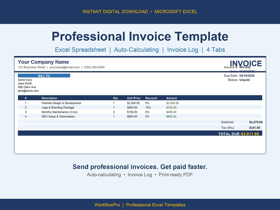 Invoice Escel Template Professional Invoice Template Excel | Freelancer Invoice Spreadsheet ...