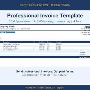 Op de afbeelding: Een professionele factuursjabloon in blauw en wit, ontworpen voor Microsoft Excel. De sjabloon bevat velden voor bedrijfsinformatie, klantgegevens en gespecificeerde diensten met kosten. De factuur heeft ook automatische berekeningsfuncties en een printklare PDF-optie.