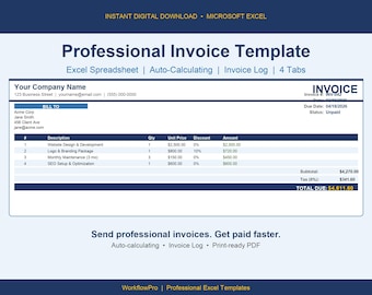 Modèle de facture professionnel Excel | Feuille de calcul des factures de pigiste | Facture pour petite entreprise | Journal automatique des factures