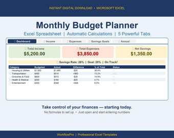 Feuille de calcul Excel du planificateur budgétaire mensuel | Suivi budgétaire automatique | Suivi des dépenses et des revenus | Modèle de planificateur mensuel
