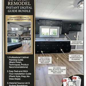 May include: Digital kitchen remodel guide bundle with before and after transformation images. Includes guides for cabinet painting, peel-and-stick floor installation, material sourcing, and project planning. Features a black kitchen design.