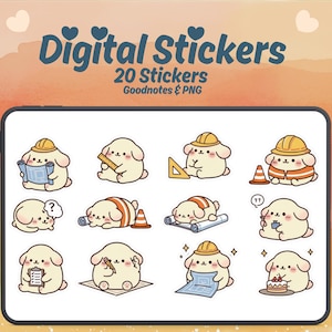 May include: Digital stickers featuring cute cartoon puppies in construction-themed designs. The stickers include puppies wearing hard hats, holding blueprints, and using tools. The image includes the text "Digital Stickers" and "20 Stickers".