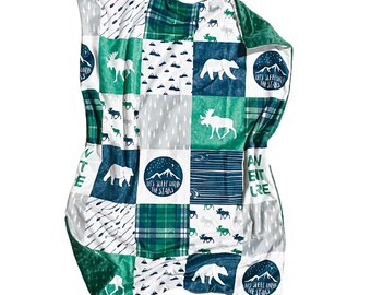 Blue/Green Woodland Minky Baby Bear Blanket | Moose Bear Quilt | Woodland Baby Blanket | Adventure Blanket | Ready to Ship Baby Boy Blanket