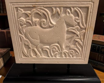 Vintage Carved Sandstone Plaque on Wooden Stand