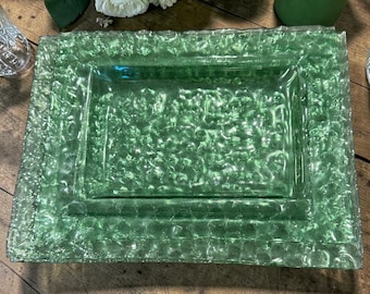 Vintage Set of 3 Bubble Glass/Thumbprint Green Glass Trays