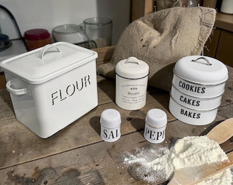 Vintage Enamel Flour Bin and Accessories