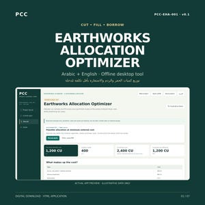 Pode incluir: Uma interface de software digital intitulada Earthworks Allocation Optimizer num fundo verde escuro. O ecrã apresenta resultados de projetos, cálculos de custos em CU e menus de navegação para uma ferramenta de ambiente de trabalho.