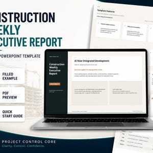 May include: A laptop displaying a Construction Weekly Executive Report PowerPoint template. The screen shows project details for Al Noor Integrated Development. The layout includes sections for filled examples, PDF previews, and a quick start guide.
