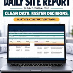 Può includere: Un portatile che mostra una dashboard giornaliera per progetti di costruzione. Lo schermo presenta tabelle con metriche, riepiloghi di report e azioni. Il testo include DAILY SITE REPORT, PROJECT CONTROL CORE, CLEAR DATA. FASTER DECISIONS., BUILT FOR CONSTRUCTION TEAMS, EXCEL, GOOGLE SHEETS, PRINTABLE PDF.