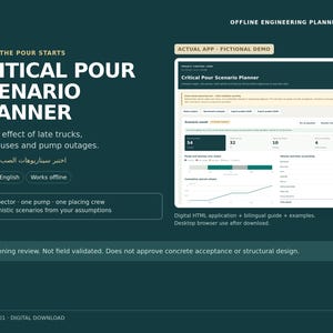 Op de afbeelding: Een donkergroenblauwe digitale interface voor de Critical Pour Scenario Planner, een offline engineering planningstool. Het scherm toont gegevenstabellen, grafieken en tekst in het Engels en Arabisch, inclusief de tekst Actual App - Fictional Demo.